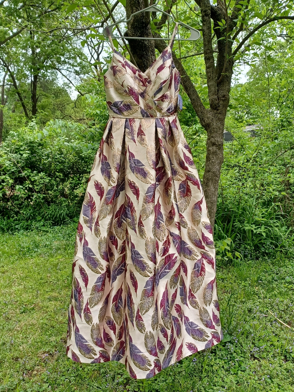 Morgan & Co. Cream Maxi Dress with Burgundy, Purple and Gold Feather Print